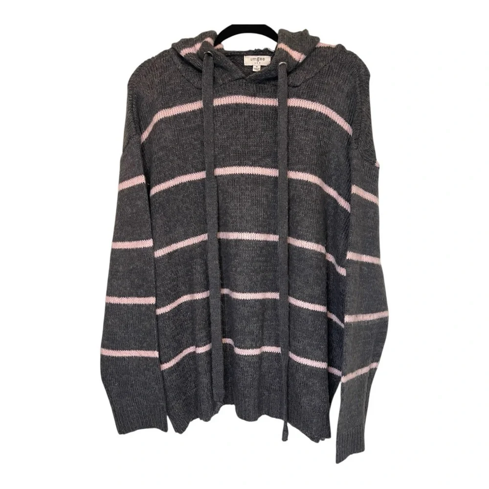 Umgee Oversized Charcoal and Blush Knit hooded Sweater